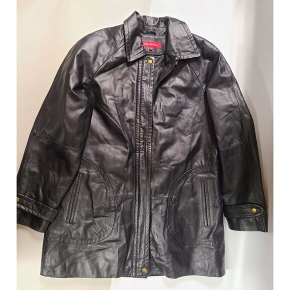 Vintage Anne Klein L Black Leather Mid-Length Coat Jacket Oversized Fit - Picture 1 of 7